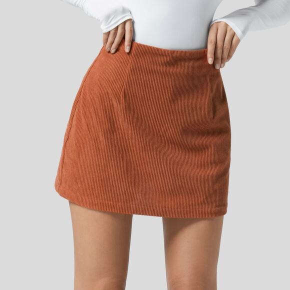 HALARA Dresses & Skirts - NEW Halara High Waisted Corduroy Aline Mini Skirt Built in Shorts Orange Medium